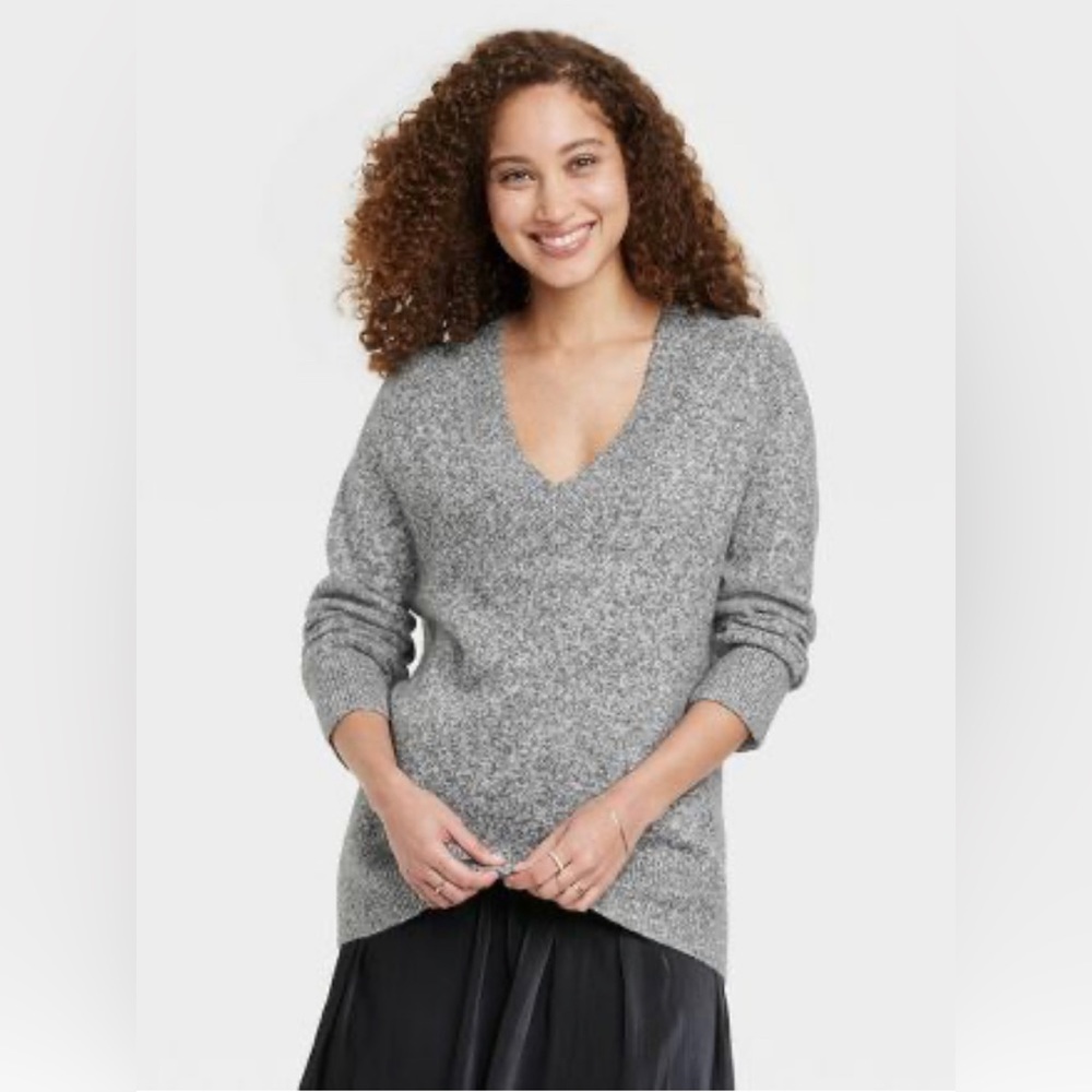 Women's Charcoal Gray, Soft V-Neck Tunic Sweater - A New Day™ with ribbi…